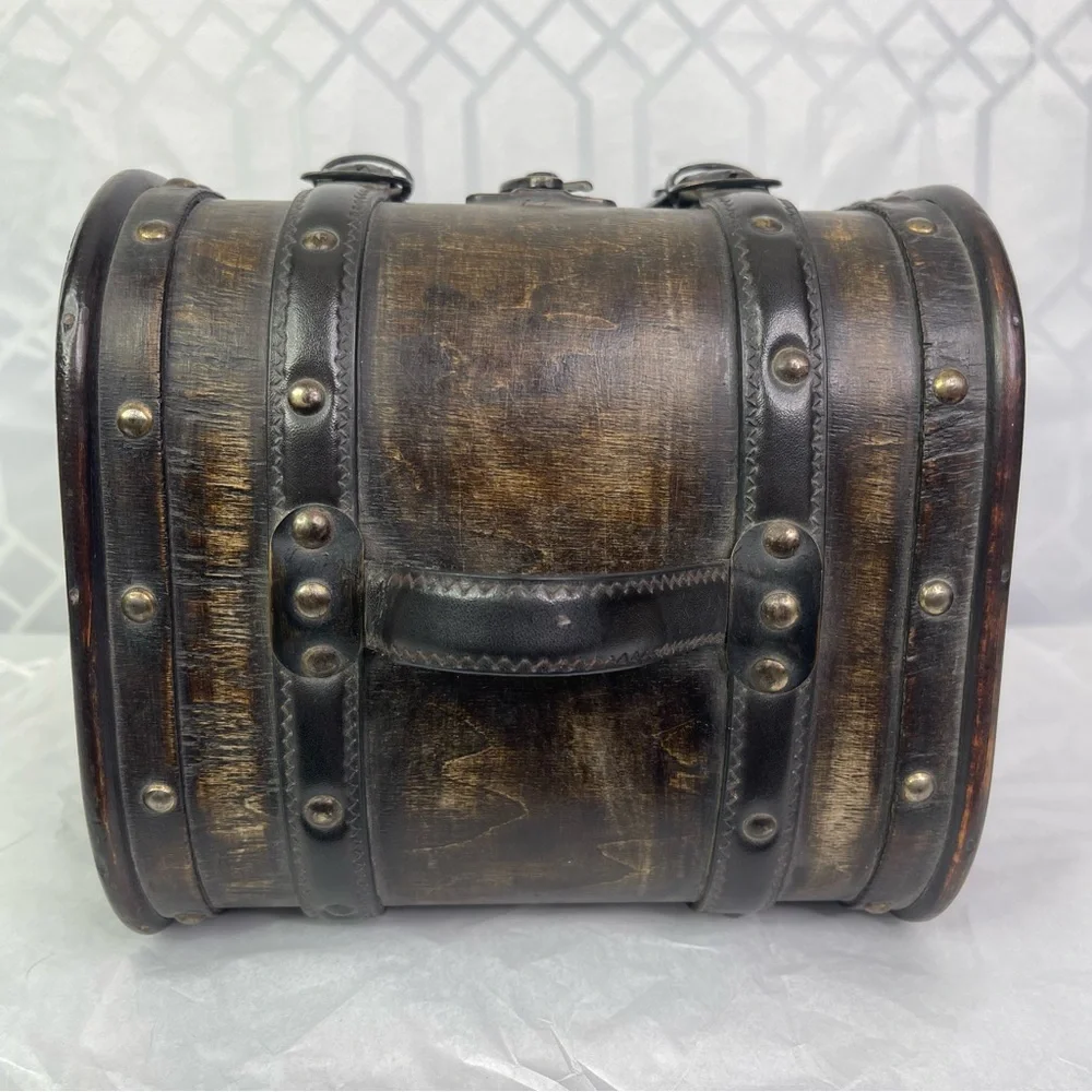 Vintage Style Wooden Wine Carrier Trunk Tooled Leather Straps Large Gift Box